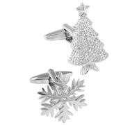 Cufflinks for Men + Presentation Box - Christmas - Festive Christmas Tree and Iconic Snowflake - Brass Metal - Snow - Silver Colour - One Pair