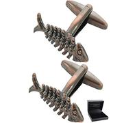 Cufflinks for Men + Presentation Box - Fish - Herringbone Design - Solid Brass Metal - Fishing Angling Sea Scales Nautical - Brown Bronze Colour - One Pair