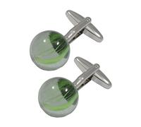 Cufflinks for Men + Presentation Box - Fun - Classic Retro Marbles Transparent Cufflinks - Brass Metal Back - Game - Green and Silver Colours - One Pair