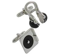 Cufflinks for Men + Presentation Box - Music - DJ Record Turntable and Headphones - Solid Brass Metal - Disc Jockey Player - Silver and Black Colours - One Pair