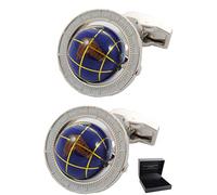 Cufflinks for Men + Presentation Box - Navy Blue - Spinning Globe - Brass Metal - Travel the World - Round Earth Rotating - One Pair