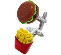 Cufflinks for Men + Presentation Box - Novelty - Burger and Fries - Food Restaurant Chips - Brass Metal - Brown Red and Yellow Colours - One Pair