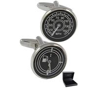 Cufflinks for Men + Presentation Box - Novelty - Car Speedometer and Petrol Gauge - Solid Brass Metal - Car Fuel Tank - Silver, Black and White - One Pair