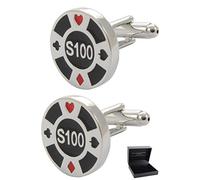 Cufflinks for Men + Presentation Box - Novelty - Casino Chips - Solid Brass Metal - Games Betting Poker Token Disc Round - Silver Black and Red Colours - One Pair