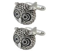 Cufflinks for Men + Presentation Box - Owl - Owl Head - Brass Metal - Animal Bird Wisdom - Silver Black and White Colours - One Pair