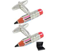 Cufflinks for Men + Presentation Box - Red and Silver Colours - Pencil - School Art Artist Sketch Architect Teacher Engineer Craft - One Pair