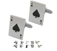 Cufflinks for Men + Presentation Box - Silver Colour - Ace of Spades - Pack of Cards - Solid Brass Metal - Fun Poker Magic Magician Game - One Pair