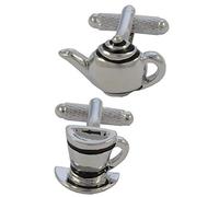 Cufflinks for Men + Presentation Box - Silver Colour - Teapot Cup and Saucer - Solid Brass Metal - Afternoon Tea Party Brew Cuppa Pot Food Drink - Silver and Black Colours - One Pair