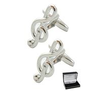 Cufflinks for Men + Presentation Box - Treble Clef - Music - Solid Brass Metal - Musical Teacher Singer Player Violin Piano Instrument DJ - Silver Colour - One Pair