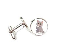 Cufflinks, Gray Fur Cute Licking Claw Cat, Sitting On The Ground, Personalized Cuff Buckle, Sparkly Shirt Accessory Gift For Accountant Boss Business Wedding Prom Formal Occasion