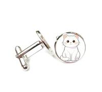 Cufflinks, Pure White Color Lovely Cat, Sitting On The Ground, Personalized Cuff Buckle, Sparkly Shirt Accessory Gift For Accountant Boss Business Wedding Prom Formal Occasion