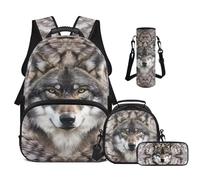 Cugasmaru 4pcs Backpack Set for Kids Wolf Print Pre-Teen Boys Students Bookbag with Lunch Bag & Pen Pouch & Water Bottle Cover for School Sport Travel