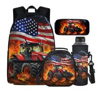 Cugasmaru American Flag Truck Backpacks for 5th Grade Girls Bookbag with Lunch Box 4 in 1 Set Kids Book Bag for School Travel Shoulder Bag Daypack
