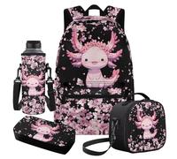 Cugasmaru Axolotl Backpack and Lunch Box Set Pink Backpack for Kids Back to School Large Capacity Girls Backpacks Ages 8-10 Lightweight Schoolbag Sets for 2nd 3rd 4th 5th 6th Grade Student