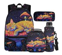 Cugasmaru Cat Mushroom Girls Backpack and Lunch Box Set Ages 6-8 Large Capacity 17 Inch Kids School Bag Bookbag for 1st 2nd Grade Elementary Students 4-in-1
