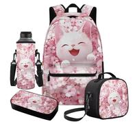Cugasmaru Cat Pink Floral Backpack Lunchbox Set for Girls 6-8 Kawaii Kitten Girls Bookbag and Lunch Box Set 4-6 Large Capacity 4th Grade Backpack for Girl 4 in 1 Kids School Bags Gifts