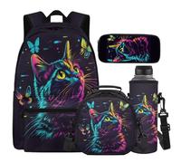 Cugasmaru Cat School Backpack for Girls with Lunch Box Butterfly 3rd Grade Backpacks for Girls Large Capacity Backpack for Kids 10-12 Lightweight Girl School Bag Set Back Pack
