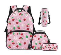 Cugasmaru Cherry Backpack for Girls Strawberry Backpack for Kids School Bag 4-in-1 Bookbag Set with Lunch Box Pencil Case Water Bottle Sleeve for Pre-Teen Girls Lightweight Elementary Schoolbag