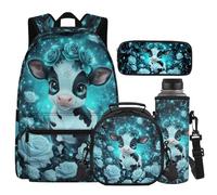 Cugasmaru Cow Floral Backpack for School Girls 10-12 Backpack with Lunch Box Boys School Backpacks with Lunch Bag Large Capacity Cool Bookbag Primary Kids Middle Teens