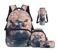 Cugasmaru Hippo Backpack for Girls 10-12 4th 5th 6th Grade Elementary School Bag with Water Bottle Holder Tween Teens Girl Kids Pencil Case for Boys Gifts Back to School Supplies