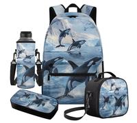 Cugasmaru Killer Whale Dolphin Backpack for School Girls 4th Grade Lunch Box School Backpack with Lunch Box and Pencil Case for Children Teens 17 Inch Large Capacity Backpacks Sets