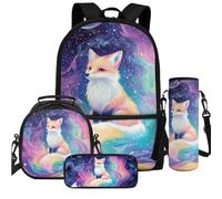 Cugasmaru Out Space Fox Backpack for Girls Kids Backpack with Lunch Box Water Bottle Pouch and Aesthetic Pencil Case 4PCS Set Cute Bookbag with Front Pocket for School Teens 17 inch School Bag
