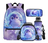 Cugasmaru Penguin Backpack for Kindergarten Girls Backpacks Ages 4-6 Bookbag with Lunch Box and Water Bottle Purple 17 inch Little Girl Backpack Kawaii School Bag for Kids 1st 2nd Student