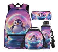 Cugasmaru Penguin Backpack for Preschool Girls Backpacks Ages 4-6 Bookbag with Lunch Box and Water Bottle Purple 17 inch Little Girl Backpack Kawaii School Bag for Kids 1st 2nd Student