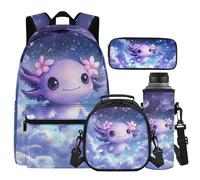 Cugasmaru Purple Axolotl Backpacks for Girls with Lunch Box Cute Animal Backpacks for 5th Grade Girls Lunch Bag for Elementary School Bag Water Bottle Holder Blue Rucksack