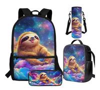 Cugasmaru Sloth Backpack Set for Girls Kawaii Colorful Clouds Schoolbag with Lunch Bag and Pencil Case for Age 4-6 with Pencil Case and Water Cup Sleeves for 1st 2nd 3rd Grade