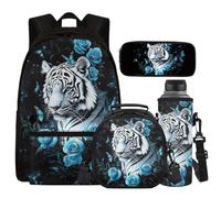 Cugasmaru Tiger Floral Backpacks for 5th Grade Girls Bookbag with Lunch Box 17 Inch Lightweight Girls Backpacks for Elementary School Casual Rucksack
