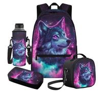Cugasmaru Wolf Backpack and Lunchbox Set Girl Backpacks Ages 8-12 Purple Backpack Set for Girls Cool School Bag for Boys 4 in 1 Set School Backpacks for Teens Girls Travel Back Pack