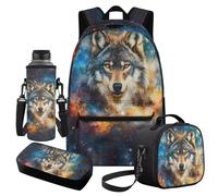 Cugasmaru Wolf Backpack for 6th Grade Girls Bookbag with Lunch Box Large Capacity Back to School Backpacks for Girls 4pcs Kids Backpacks Ages 8-10 Back to School 17 inch Mesh Back Pack