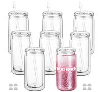 Cuguords 8 Pack 16oz Snow Globe Tumblers with Lids, Straws & Plugs, Double Wall Acrylic Plastic Snowglobe Cups, Pre-Drilled Hole DIY Glitter Tumbler Supplies, Bulk Clear Globe Cups for Party Favors