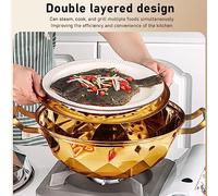Cuiseur vapeur en acier inoxydable de 28 cm avec couvercle, ustensile de cuisine à 2 niveaux pour la cuisson des légumes, des soupes, des ragoûts et des pâtes. Doré.