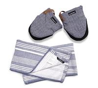 Cuisinart Oven Mitts & Tea Towel Set with Blue Herringbone Mini Mitt Oven Mitts Set of 2 & Fouta Striped Blue & White Tea Towels for Kitchen Set of 2,40x70cm