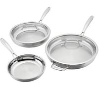 Cuisinart Professional Tryi-Ply Stainless Steel 5-piece Skillet Set. Aluminum Core, and Heat Surround Technology. Include: 3 Skillets 8", 10", 12". 2 lids. Silver.