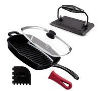 cuisinel Cast Iron Grill Pan + Rectangular Cast Iron Grill Press + Tempered Glass Lid + Pan Scraper - Pre-Seasoned Ribbed Skillet - 10.5"-Inch Square Grillig Indoor/Outdoor Camping Fire BBQ Cookware