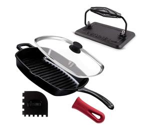 cuisinel Cast Iron Grill Pan + Rectangular Cast Iron Grill Press + Tempered Glass Lid + Pan Scraper - Pre-Seasoned Ribbed Skillet - 10.5"-Inch Square Grillig Indoor/Outdoor Camping Fire BBQ Cookware