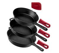 Cuisinel Cast Iron Skillet Set - 8" + 10" + 12"-Inch Pre-Seasoned Frying Pans + Silicone Handle Grip Covers - Indoor/Outdoor, Oven, Grill, Stove, BBQ, Fire, Induction Safe Kitchen and Camping Cookware