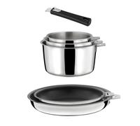 CUISINOX - Malice - Set of 6-3 pots, 2 Ceramic Coated Pans, 1 Black Handle - Sandwich Base - Suitable for All Heat Sources - 18/1 Stainless Steel - Glossy Finish - Removable Handle