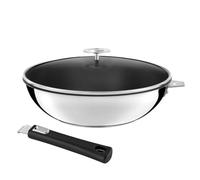 Cuisinox - Malice - Wok 28 cm with Ceramic Coating, lid and Black Handle - Sandwich Base - Suitable for All Heat Sources Including Induction - Stainless Steel 18/1 - Glossy Finish - Removable Handle