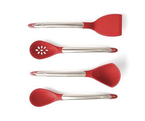 Cuisipro Silicone 4 Piece Utensil Set, Red, Heat and Stain Resistant, Spoon, Ladle, Slotted Spoon and Turner