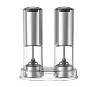 CUISYNC Stainless Steel Electric Grinder Set - Adjustable Coarseness with Storage Base Transparent Hopper Rechargeable 2-Pack Silver KYMQ-37A-H-BS