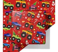 Cuitpan Red Monster Truck Christmas Wrapping Paper - Xmas Gift Wrap with Holiday Trees, Snowmen & Gingerbread Men Design - Ideal for Kids & Adults Gift Wrapping - 40×28 Inches, 4 Folded Sheets