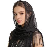 Cuixia Lace Shawls and Wraps, Black Ladies' Autumn Lace Wrap, Elegant Mantilla Veil Wedding Party Mesh Veil Scarf with Tassel for Church Chapel Infinity Head Covering