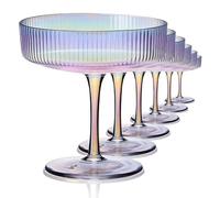 CUKBLESS Iridescent Martini Glasses Set of 6, Champagne Coupe Glasses, Hand Blown Vintage Ribbed, Cocktail for Margarita, Whiskey, Dessert, 7 oz