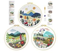 cukol cukol Embroidery Kit for Beginners, 3 Set Advanced Embroidery Starter Kit for Adults, Easy Flower Landscape Pre Printed Stamped Cross Stitch Gift for Relaxation Craft Lovers or Home Decor