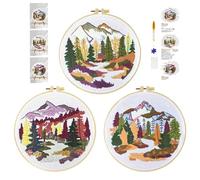 cukol cukol Embroidery Kit for Beginners, 3 Set Advanced Embroidery Starter Kit for Adults, Easy Forest Landscape Pre Printed Stamped Cross Stitch Gift for Relaxation Craft Lovers or Home Decor