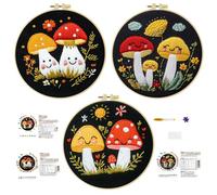 cukol cukol Embroidery Kit for Beginners, Pack of 3 with Hoops, Threads, Needles - Starter Cross Stitch Supplies for Adults, Gift for Relaxation Craft Lovers, Mushroom Theme